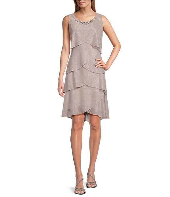 Ignite Evenings Petite Size Short Sleeve Embellished Crew Neck 2-Piece Jacket Dress Product Image