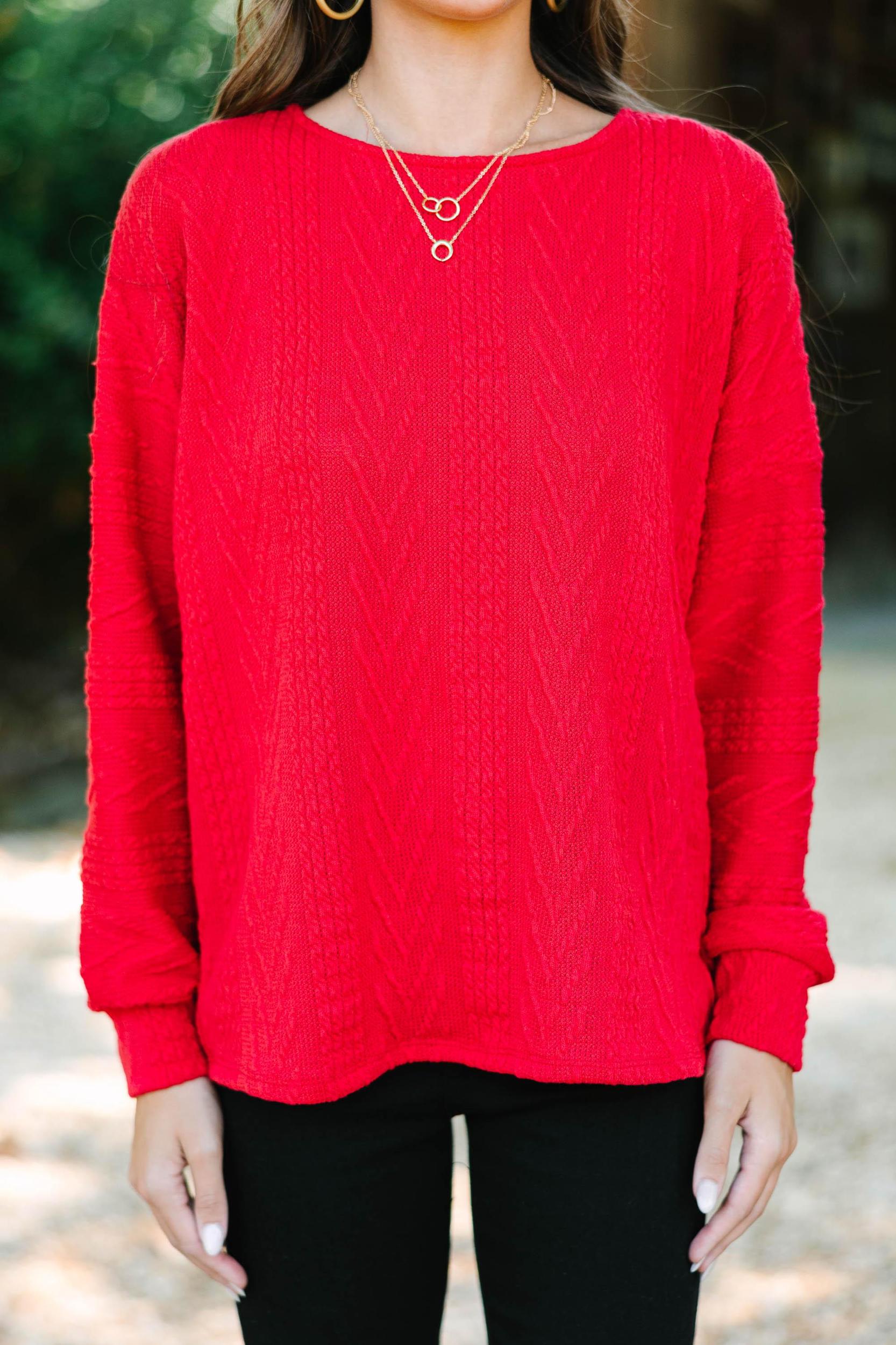 The Slouchy Red Cable Knit Top Female Product Image