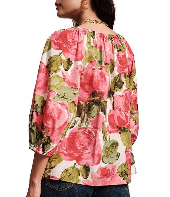 FRANCES VALENTINE Bliss Pretty Peonies Round Neck 3/4 Sleeve Blouse Product Image