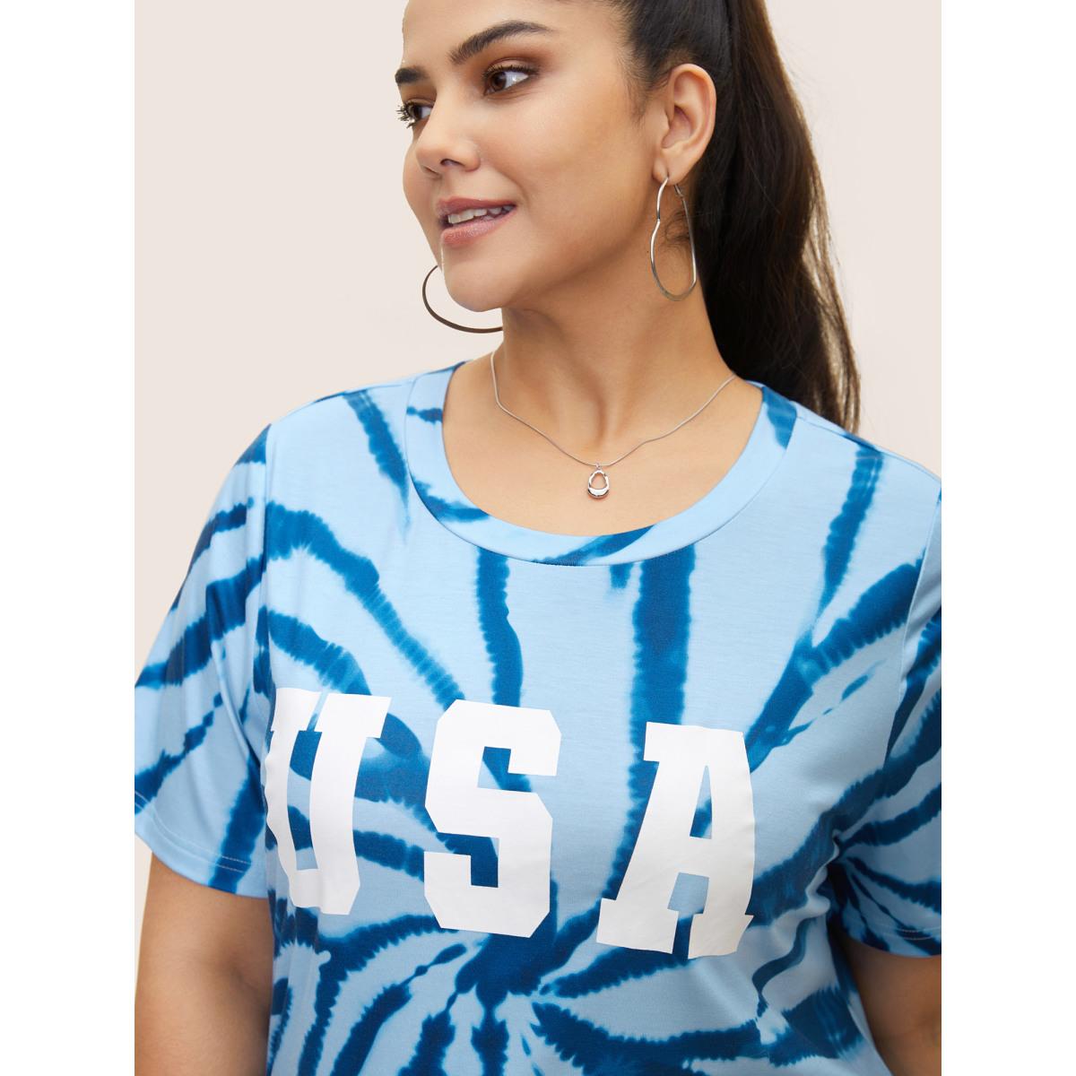 Plus Size USA Print Round Neck Tie Dye T-Shirt DarkBlue Women Casual Contrast Art&design Round Neck Everyday T-shirts BloomChic 14-16/1X Product Image