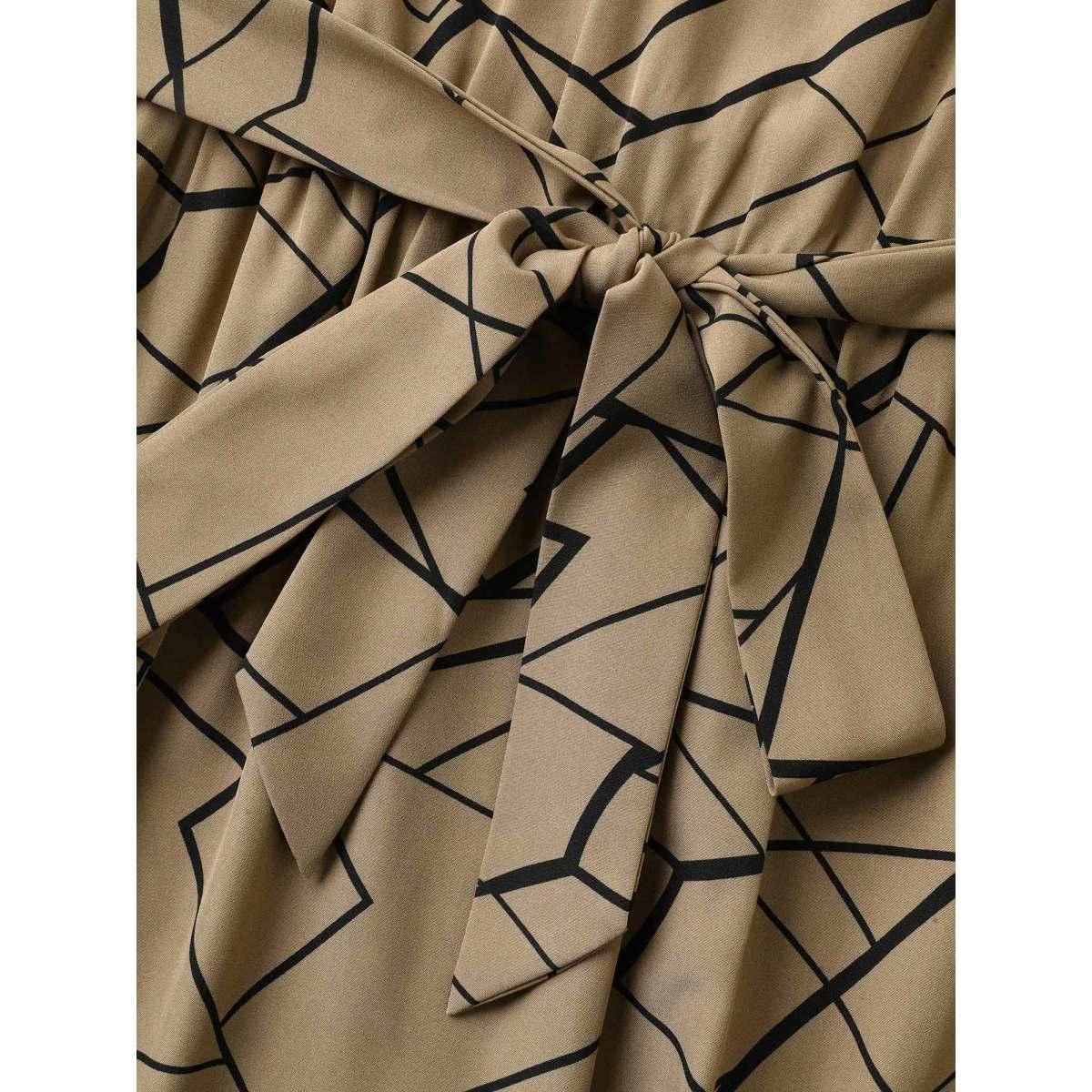 Plus Size Geometric Print Side Tied Midi Dress LightBrown Women At the Office Belted V-neck Sleeveless Curvy BloomChic 18-20/2X Product Image