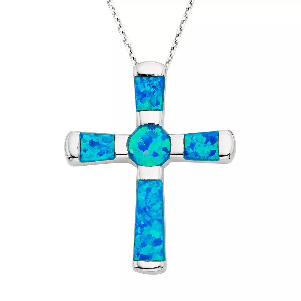 Lab-Created Blue Opal Sterling Silver Cross Pendant Necklace, Women's, Size: 18" Product Image