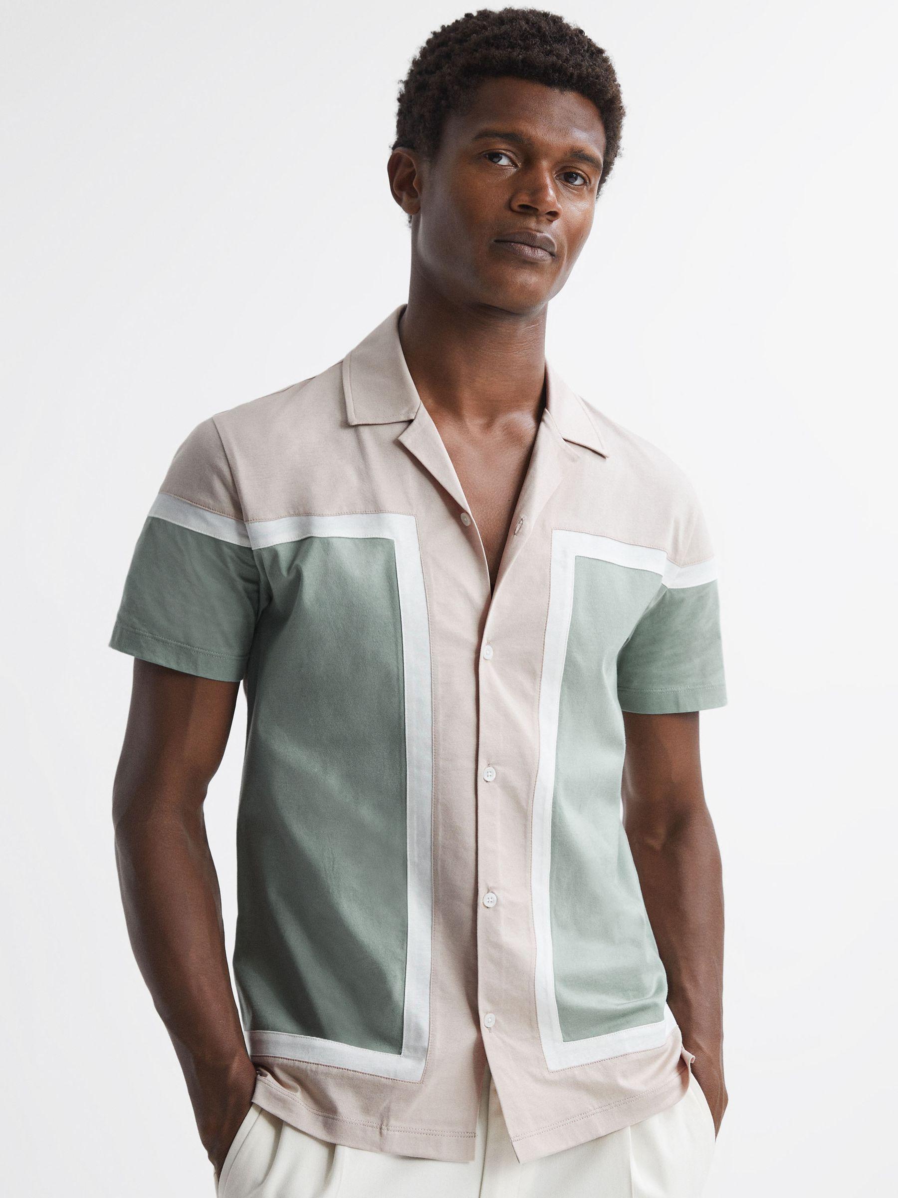 Mercerised Colourblock Cuban Collar Shirt in Sage Multi Product Image