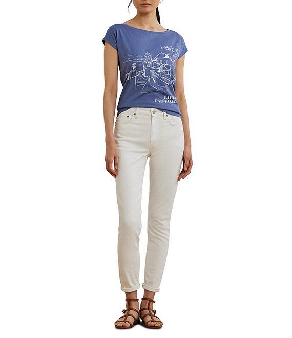 Lauren Ralph Lauren Petite Size Cotton Blend Jersey Boat Neck Short Sleeve Graphic T-Shirt Product Image