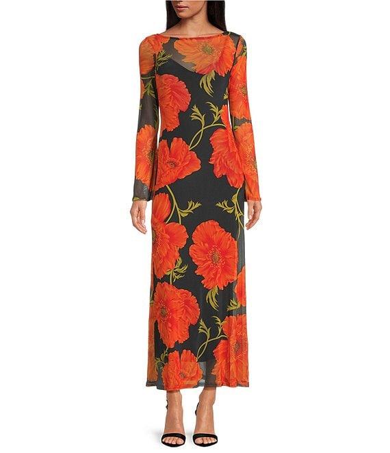 Never Fully Dressed Aria Poppy Floral Print Mesh Crew Neck Long Sleeve Maxi Dress Product Image