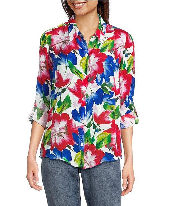 APNY Woven Floral Print Point Collar Long Roll Tab Sleeve Shirt Product Image