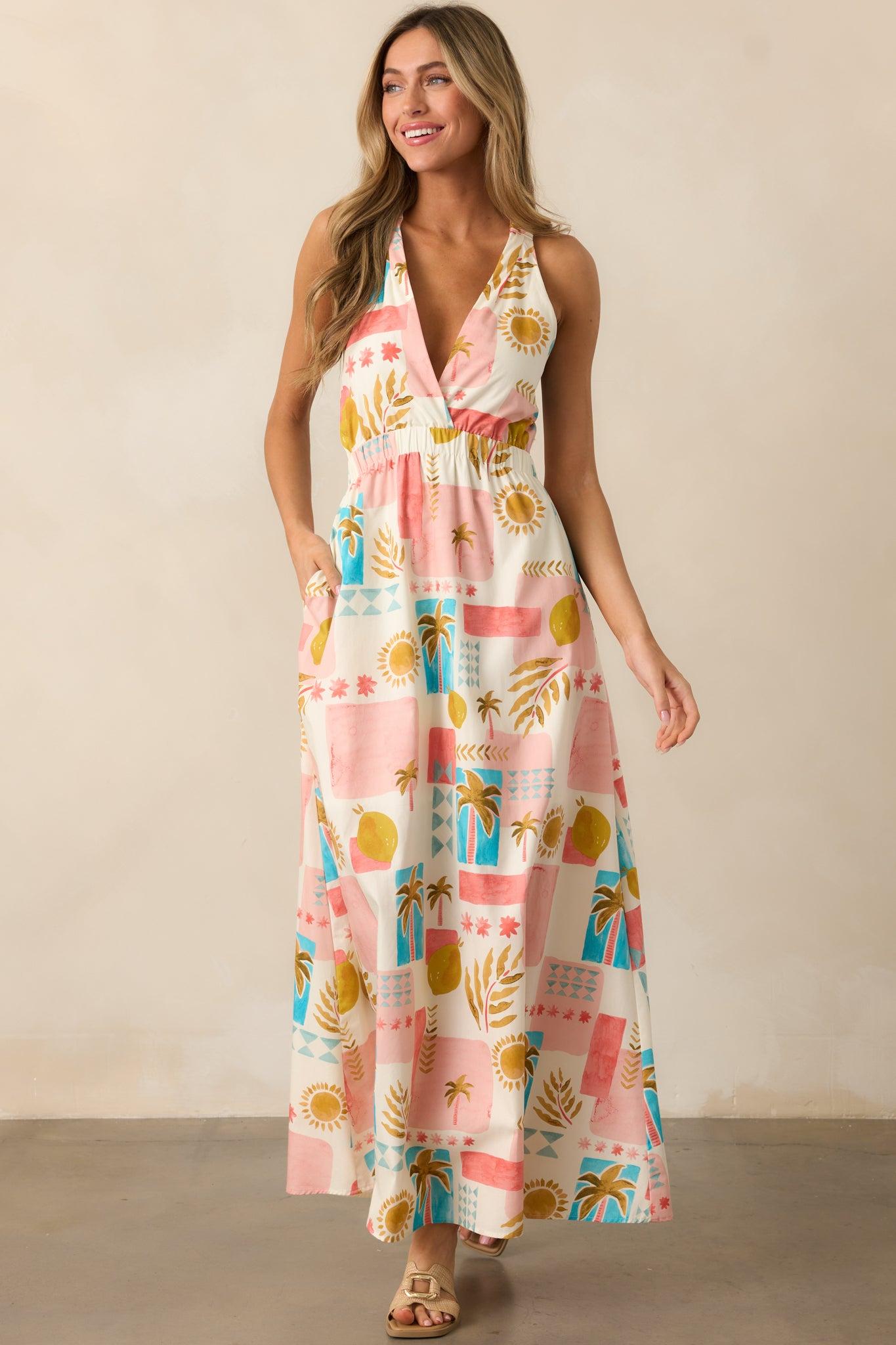 Vibrant Tides Pink Multi Tropical Print Maxi Dress Product Image