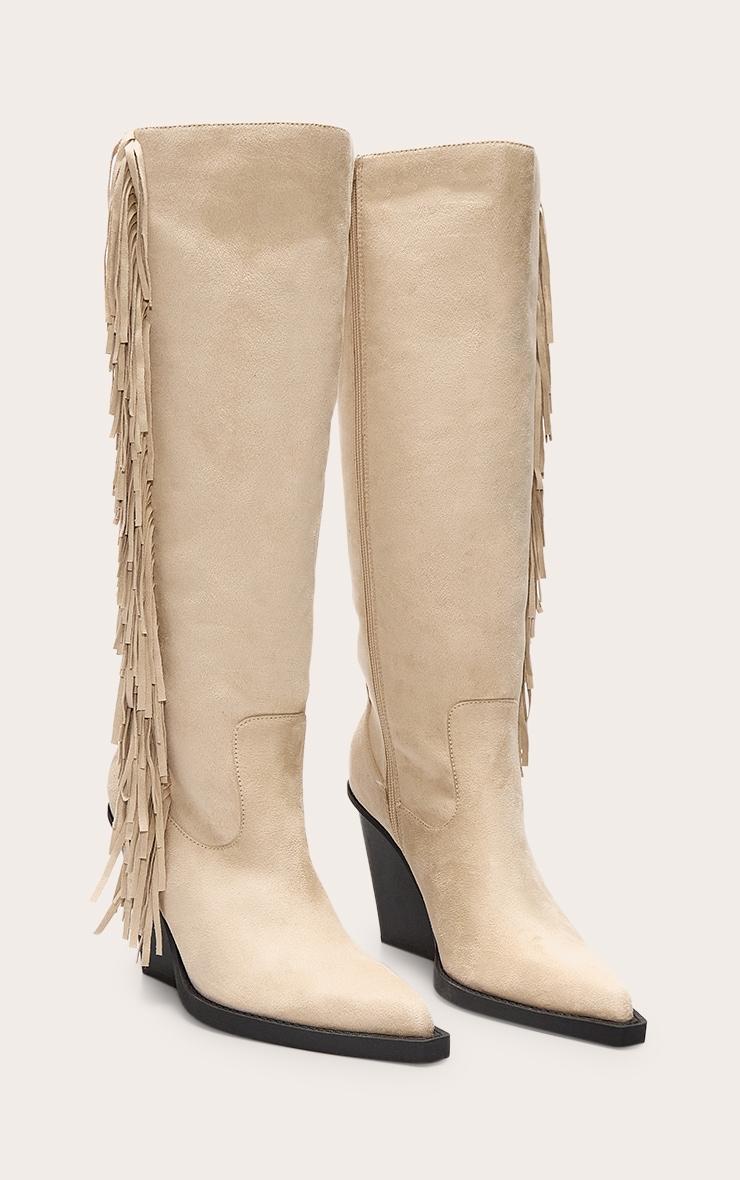 Cream Faux Suede Point Toe Fringed High Block Heel Knee Boots Product Image