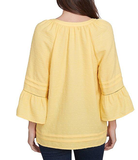 Ruby Rd. Woven Embellished Trim Clip-Dot Mandarin Collar 3/4 Sleeve Button-Front Top Product Image