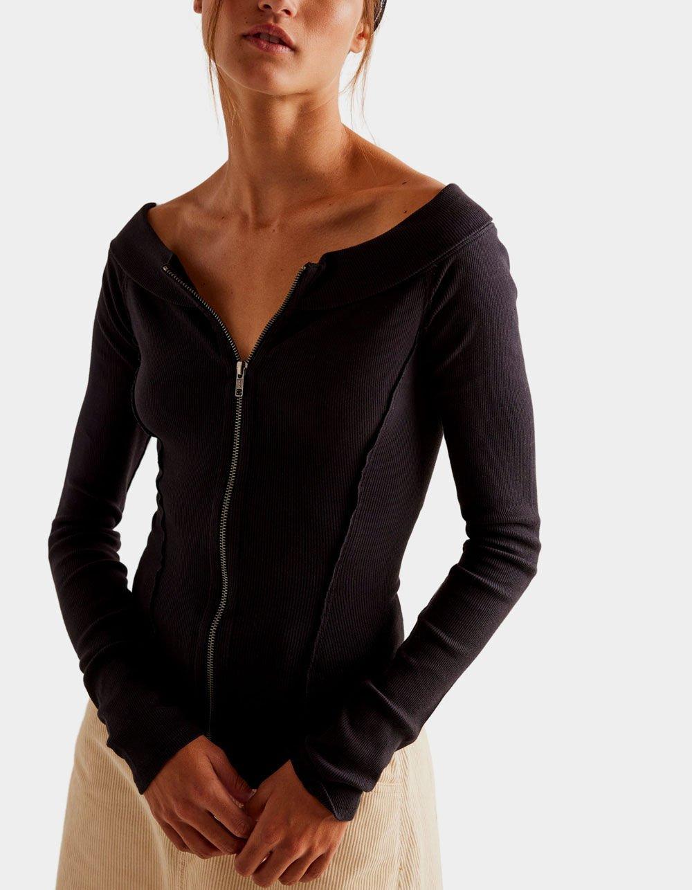FREE PEOPLE Eye Candy Womens Long Sleeve Zip-Up Top - BLACK Product Image