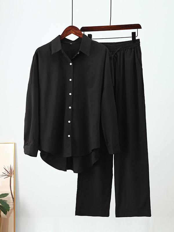 Solid Color High-Low Long Sleeves Lapel Blouses + Drawstring Pants Two Pieces Set Product Image