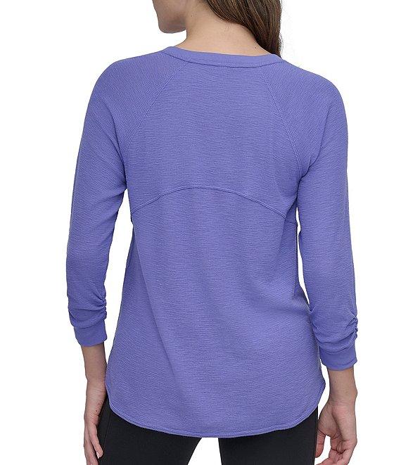DKNY Sport by Donna Karan Mini Slub Waffle Knit Crew Neck 3/4 Ruched Sleeve Tee Product Image