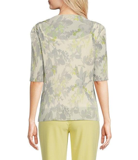 Calvin Klein Printed Mesh Knit Crew Neck Short Sleeve Pleated Blouse Product Image