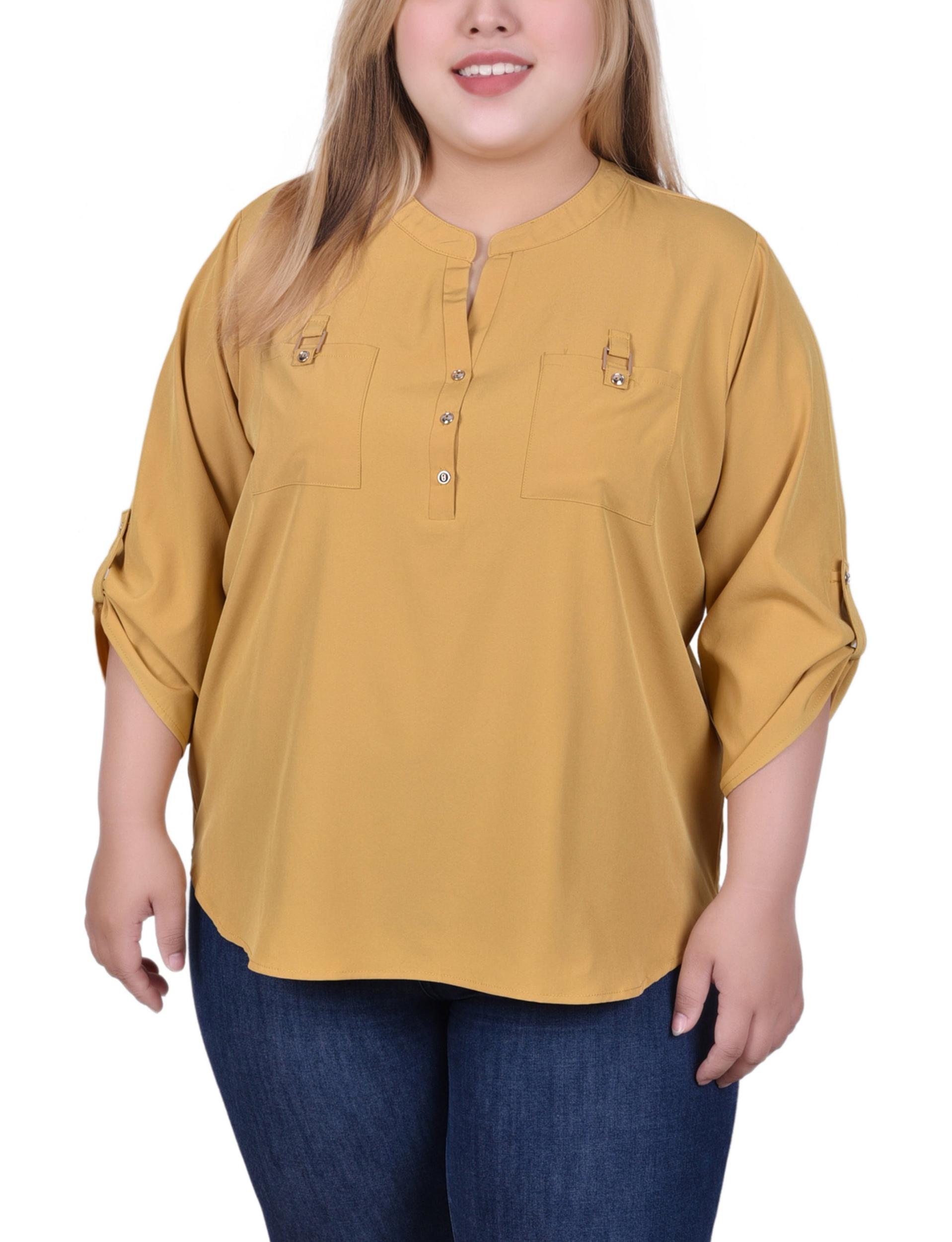 Yellow 3/4 Tabbed Sleeve Y Neck Blouse - Plus Size Product Image