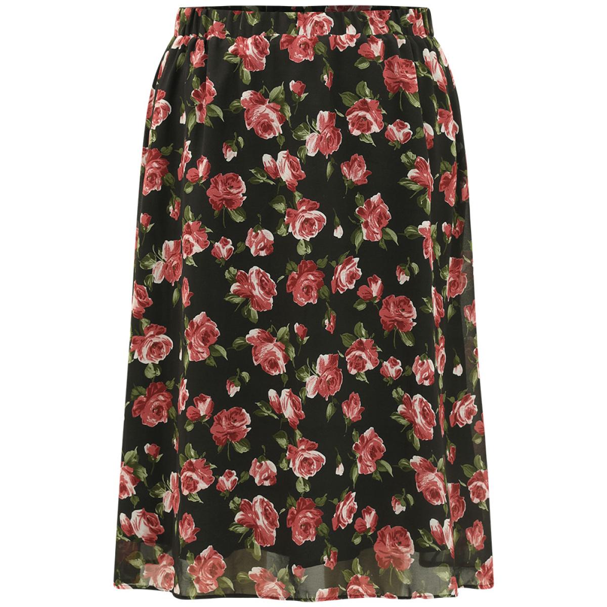 Plus Size Floral Print Mesh Elastic Waist Skirt Women Black Elegant Lined No stretch Dailywear Skirts BloomChic 18-20/2X Product Image