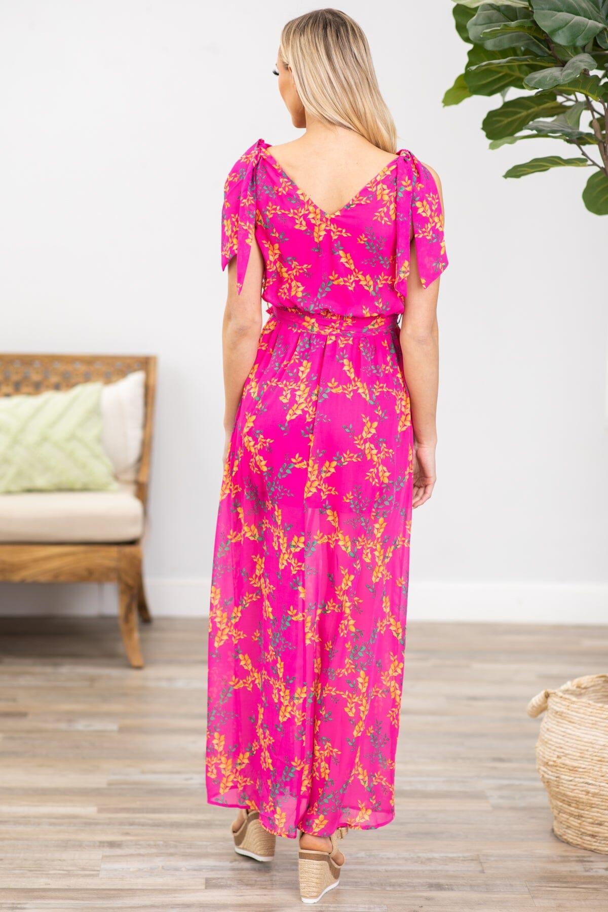Hot Pink Floral Print Surplice Front Maxi Dress Product Image