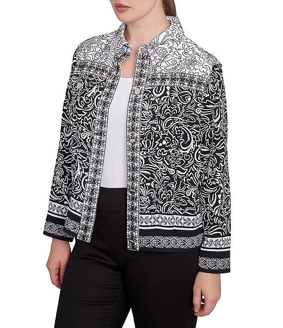 Ruby Rd. Luxe Voile Abstract Botanical Border Print Point Collar Long Sleeve Button-Front Jacket Product Image