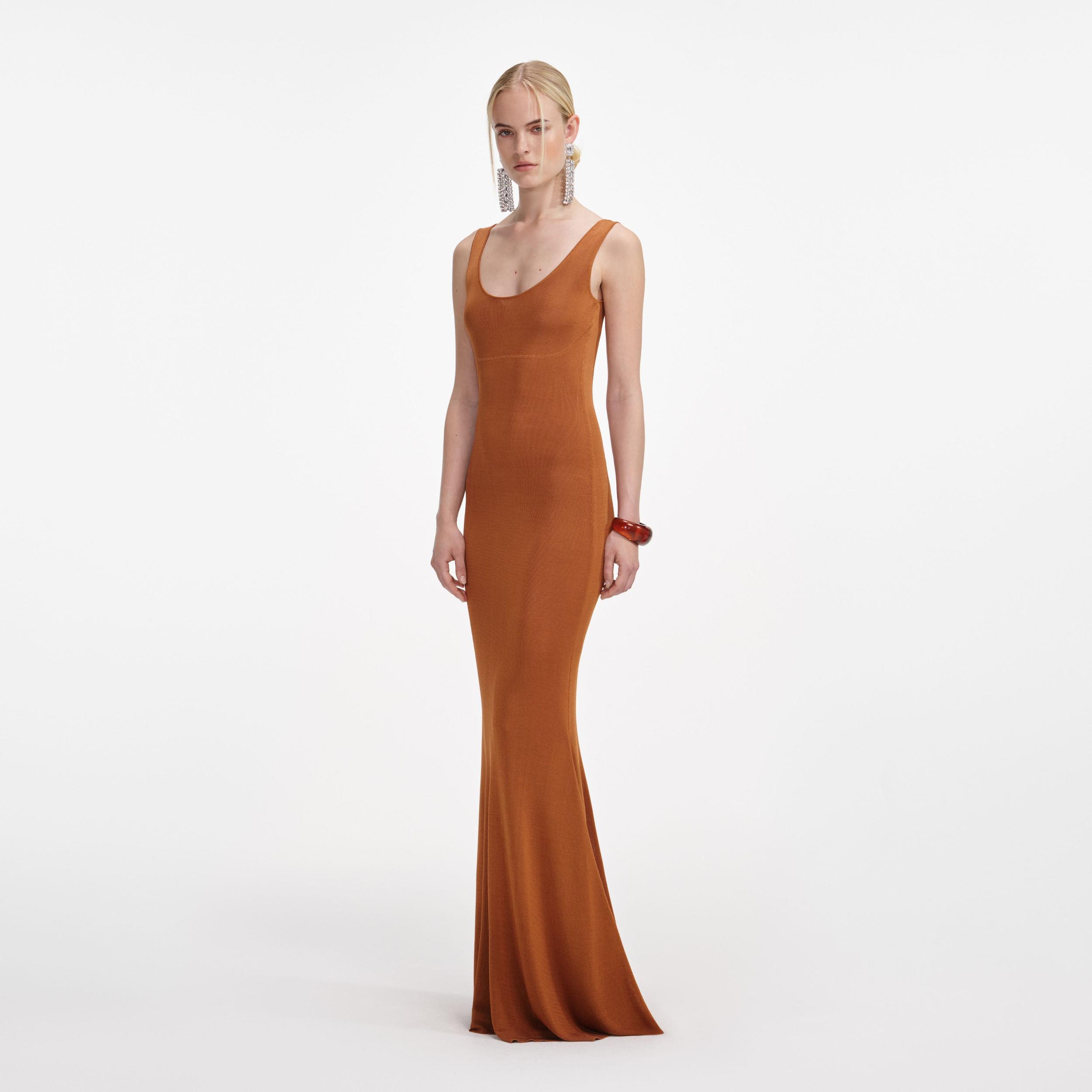 Brown Scoop Neck Viscose Knit Maxi Dress Product Image