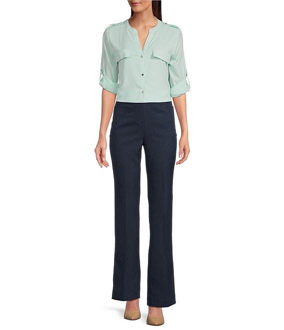 Calvin Klein Crew Neck Roll Sleeve Button Front Blouse Product Image