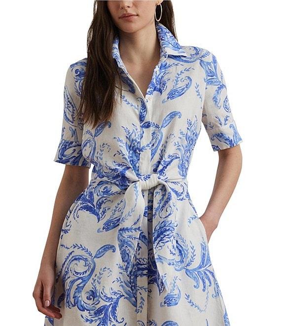 Lauren Ralph Lauren Paisley Tie-Front Linen Fit & Flare Midi Shirt Dress Product Image