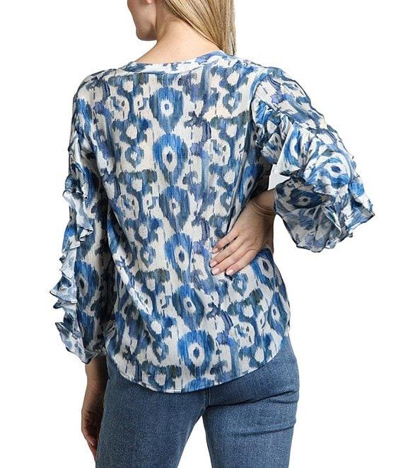 APNY Printed Split V-Neck Ruffle Sleeve Top Product Image