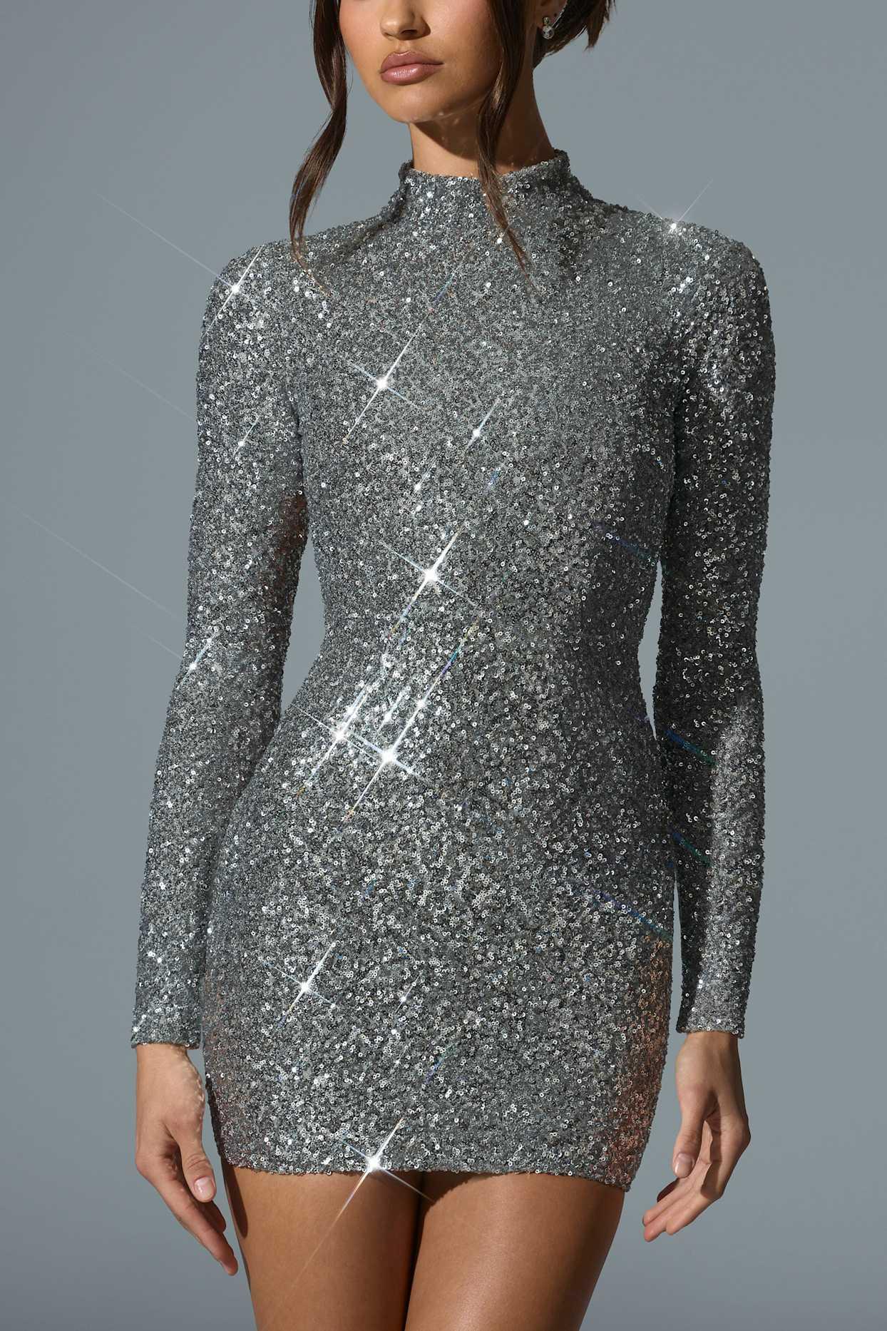 Embellished Open-Back Mini Dress in Silver Product Image