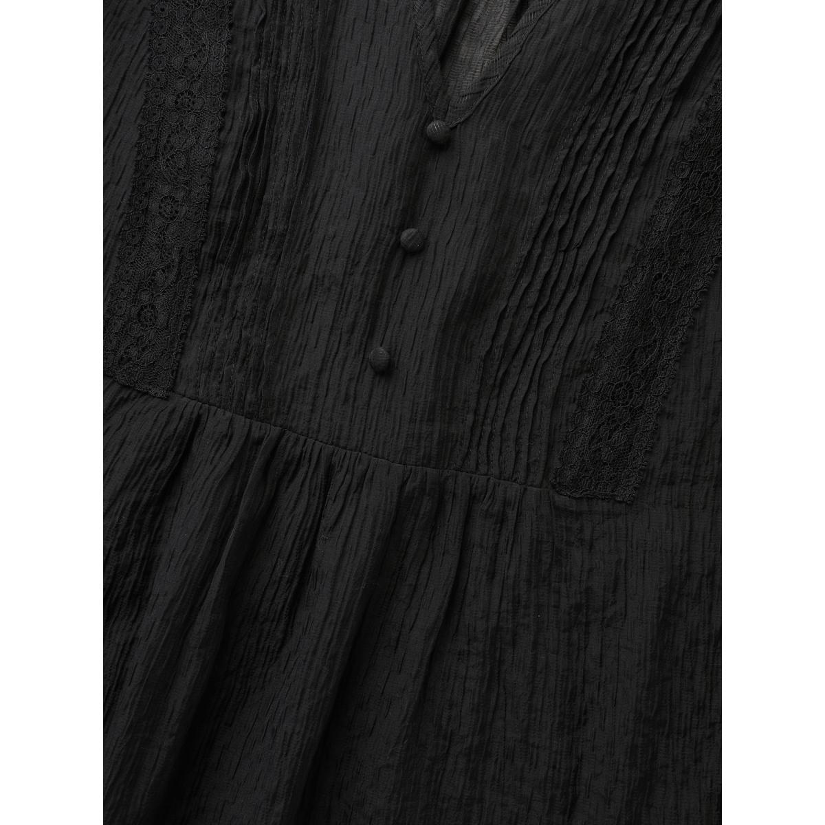 Plus Size Black Textured Lace Panel Pleated Blouse Women Elegant Long Sleeve V-neck Everyday Blouses BloomChic 26/4X Product Image