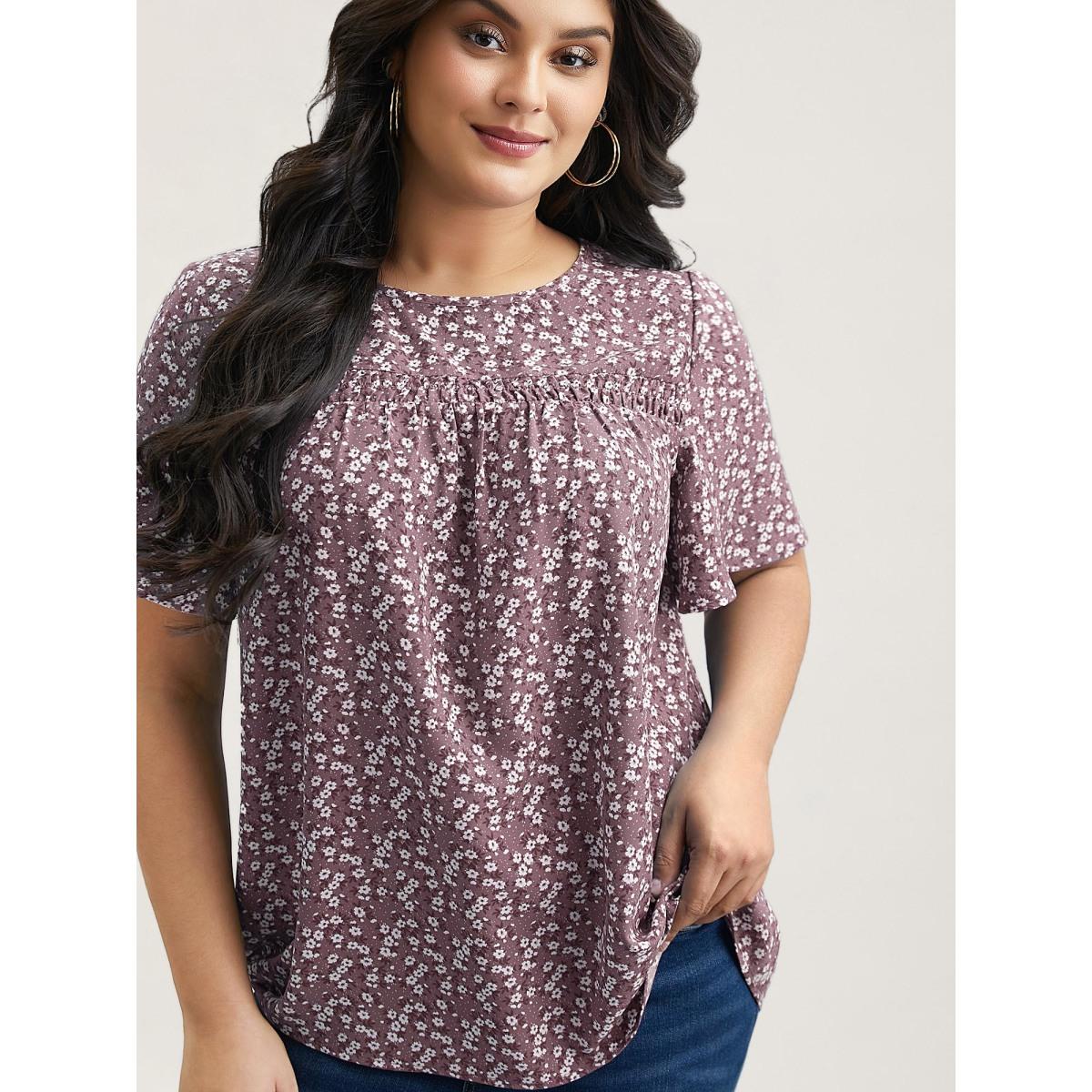 Plus Size Aegean Floral Ruffle Sleeve Gathered Round Neck Blouse Women Leisure Short sleeve Round Neck Casual Blouses BloomChic 10/M Product Image