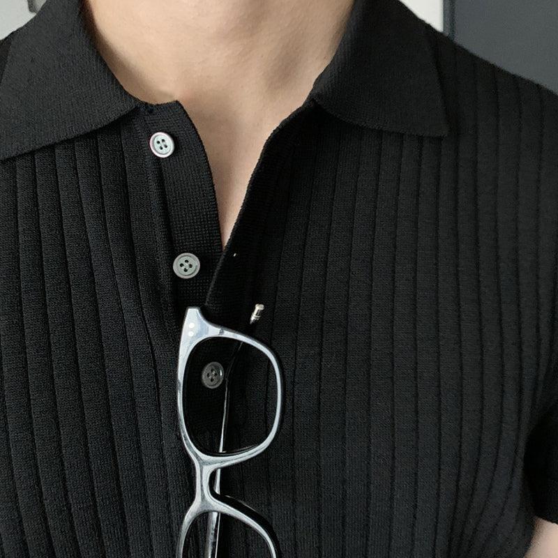 RT No. 5249 BLACK VERTICAL KNITTED SHORT SLEEVE COLLAR SHIRT Product Image