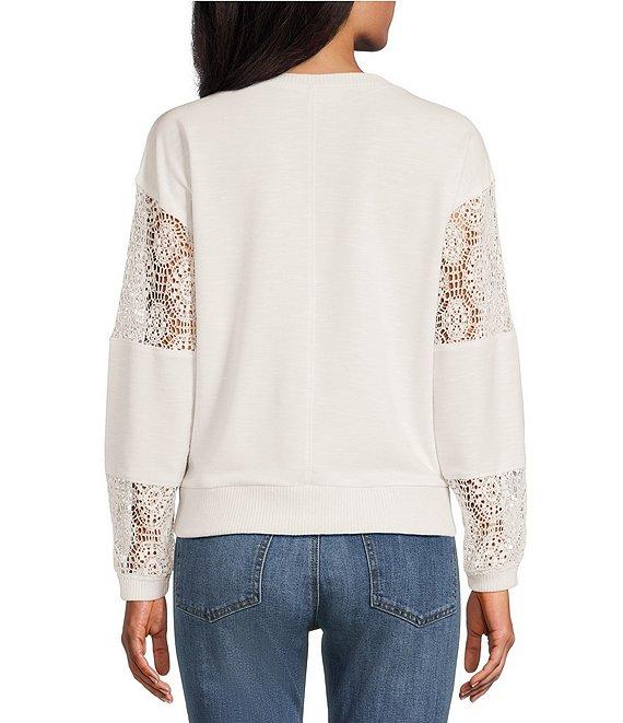 Nurture Petite French Terry Lace & Rib V-Neck Drop Shoulder Front Pocket Knit Pullover Product Image