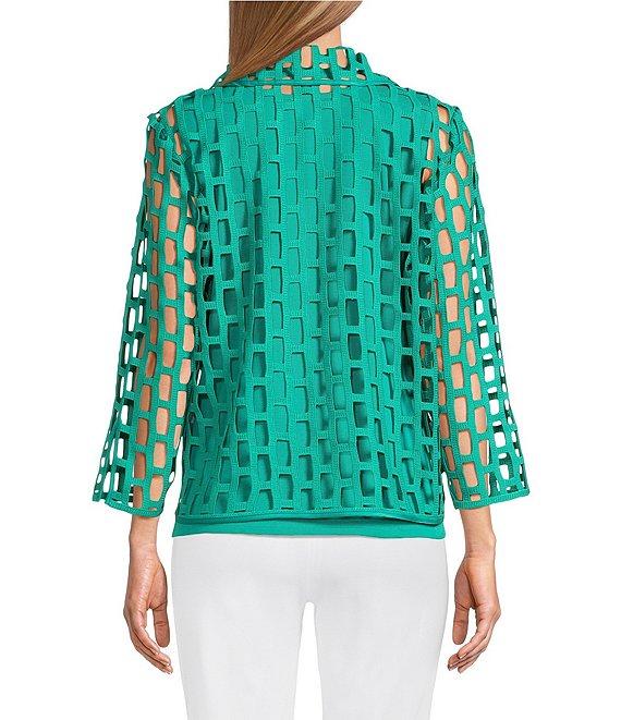 Ming Wang Novelty Woven Square Geo Cutout Spread Collar 3/4 Sleeve Jacket Product Image