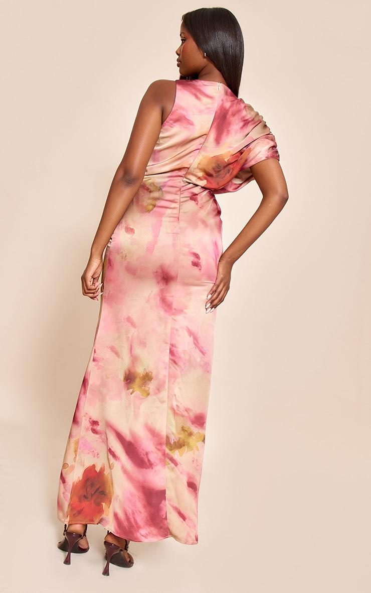 Pink Printed Asymmetric Ruched Detail Maxi Dress Product Image