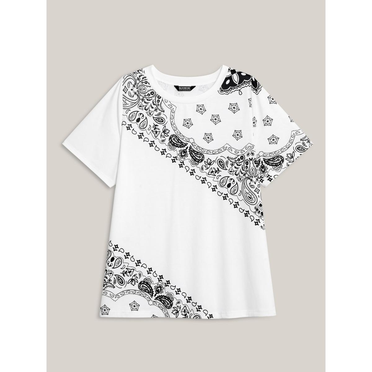 Plus Size Boho Print Plain Crewneck T-Shirt Ivory Women Leisure Non Round Neck Casual T-shirts BloomChic 28/5X Product Image