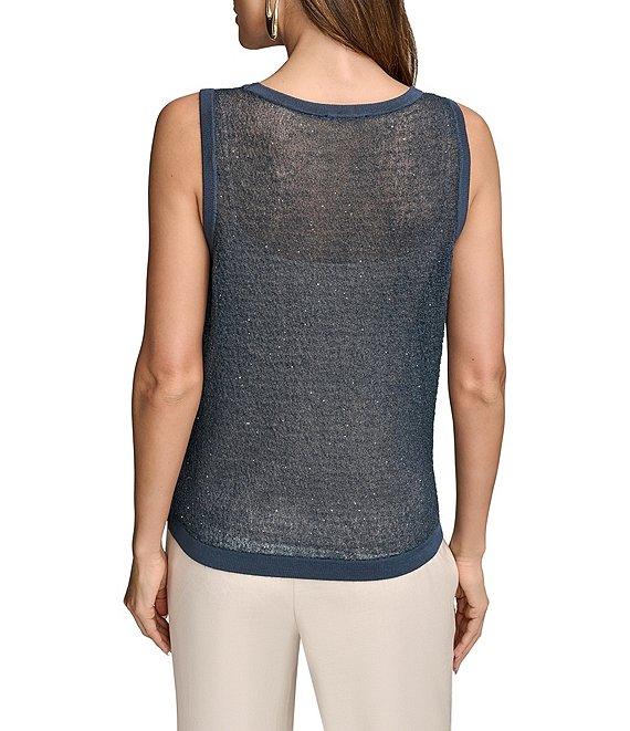 Donna Karan Crew Neck Sequined Crochet Sleeveless Shell Product Image