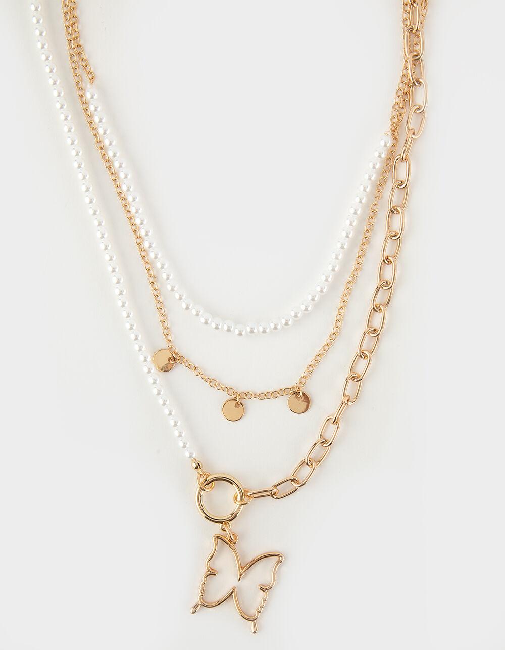 FULL TILT Layered Pearl Butterfly Necklace - GOLD Product Image
