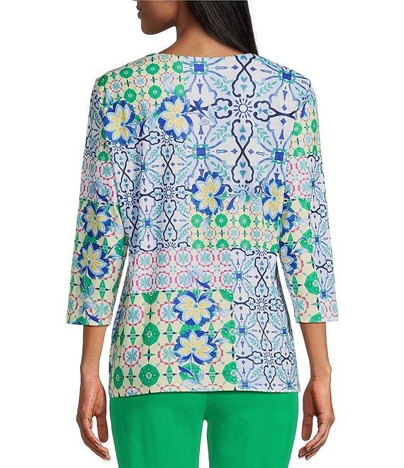 Allison Daley Petite Size Tile Block Print 3/4 Sleeve Split V-Neck Tie Hem Knit Top Product Image