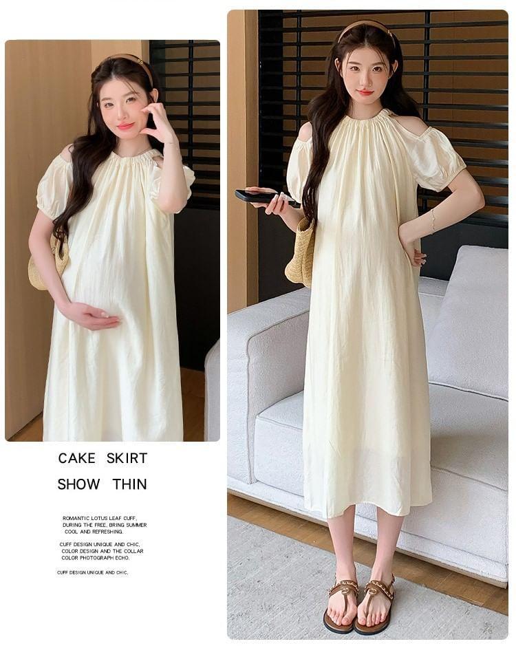 Maternity Cold Shoulder Short Sleeve A-Line Midi Dress Product Image