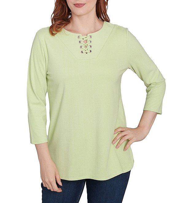 Ruby Rd. Knit 3/4 Sleeve Split V-Neck Lacing Rib Top Product Image