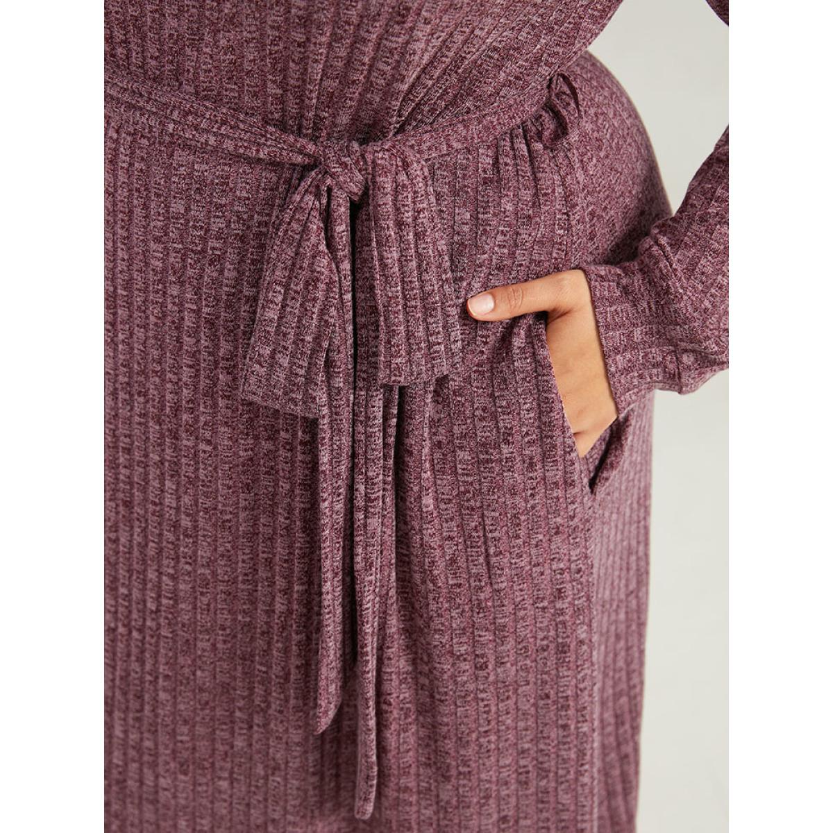 Plus Size Solid Belted Rib Knit Half Zipper Dress Scarlet Women Casual Texture Lapel Collar Long Sleeve Curvy Midi Dress BloomChic 22-24/3X Product Image