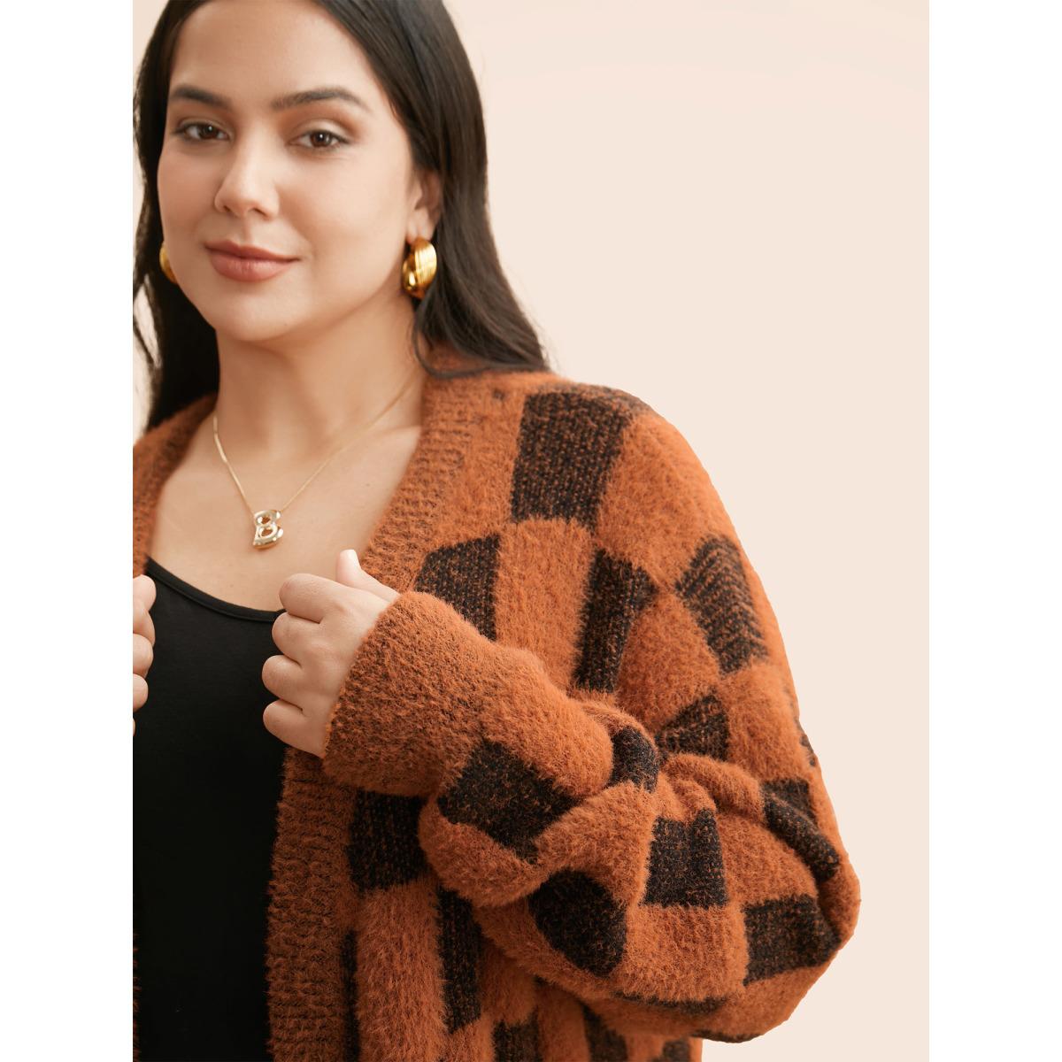 Plus Size Plaid Fluffy Patched Pocket Cardigan Yellowishbrown Women Casual Loose Long Sleeve Everyday Cardigans BloomChic 10/M Product Image