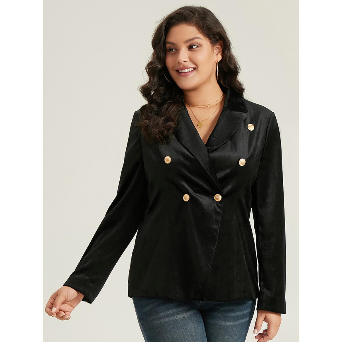 Plus Size Velvet Lapel Collar Metai Detail Blazer Black Women Dailywear Plain Plain Sleeve Long Sleeve Lapel Collar 28/5X Elegant Blazers BloomChic Product Image
