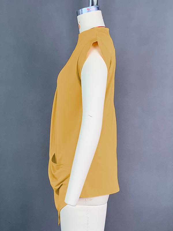 Loose Sleeveless Asymmetric Pleated Solid Color Split-Joint Mock Neck T-Shirts Tops Product Image