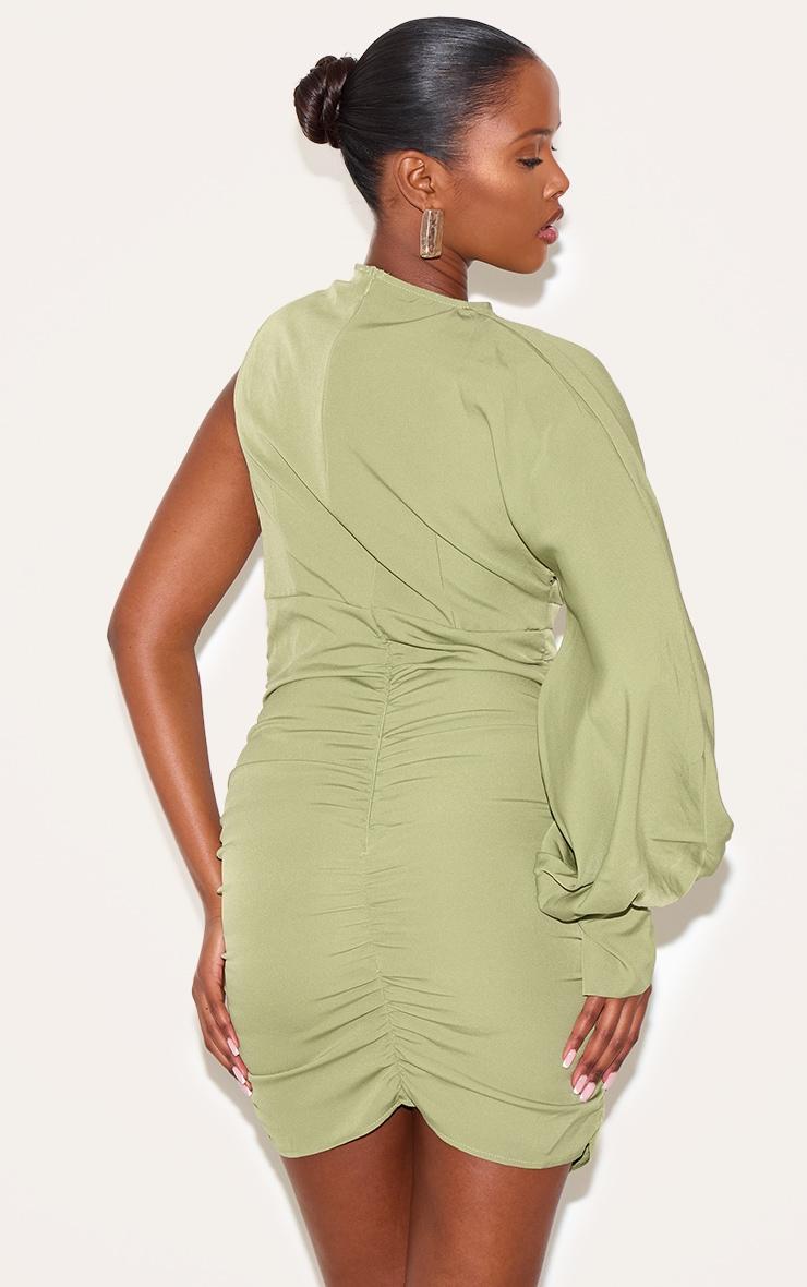 Sage Green One Sleeve Ruched Woven Bodycon Dress Product Image