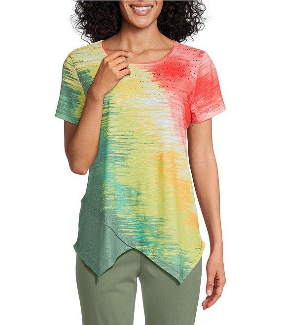 Allison Daley Brushstroke Ombre Print Short Sleeve Crew Neck Handkerchief Hem Slub Jersey Knit Top Product Image