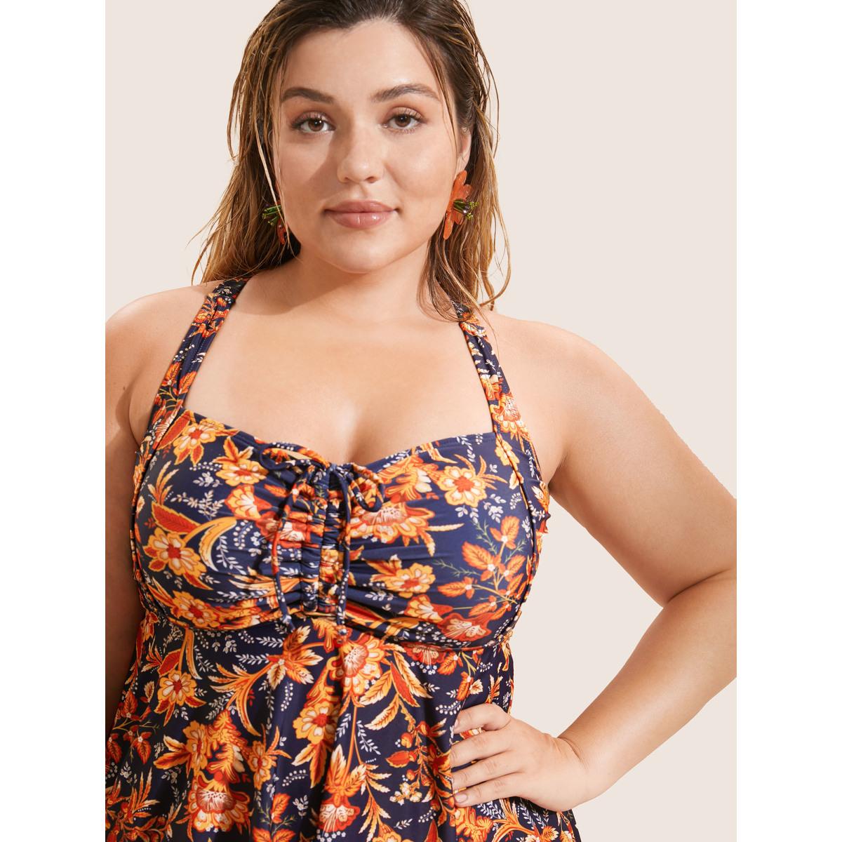 Plus Size Bandana Print Knotted Asymmetrical Hem Swim Dress Women's Swimwear DarkBlue Beach Bodycon Non High stretch Curve Swim Dresses BloomChic 10/M Product Image