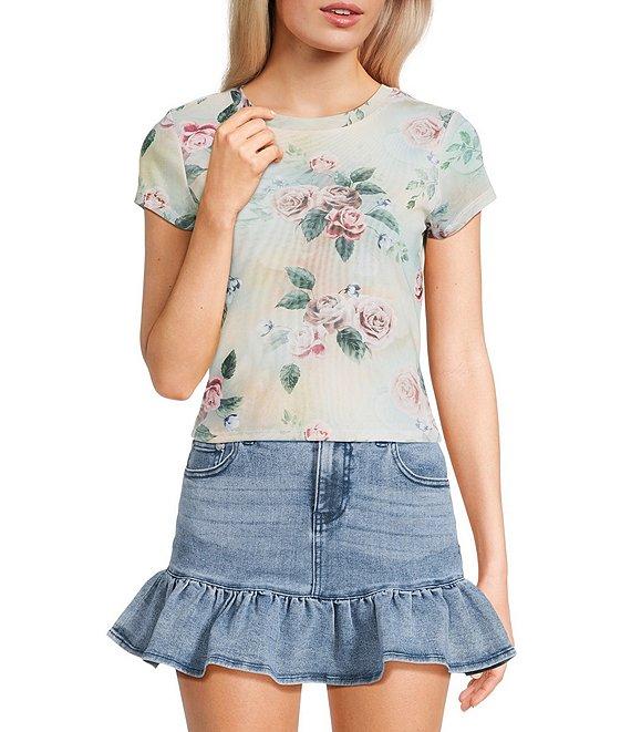 Stevie by Steve Madden Floral Printed Mesh Crew Neck Short Sleeve T-Shirt Product Image