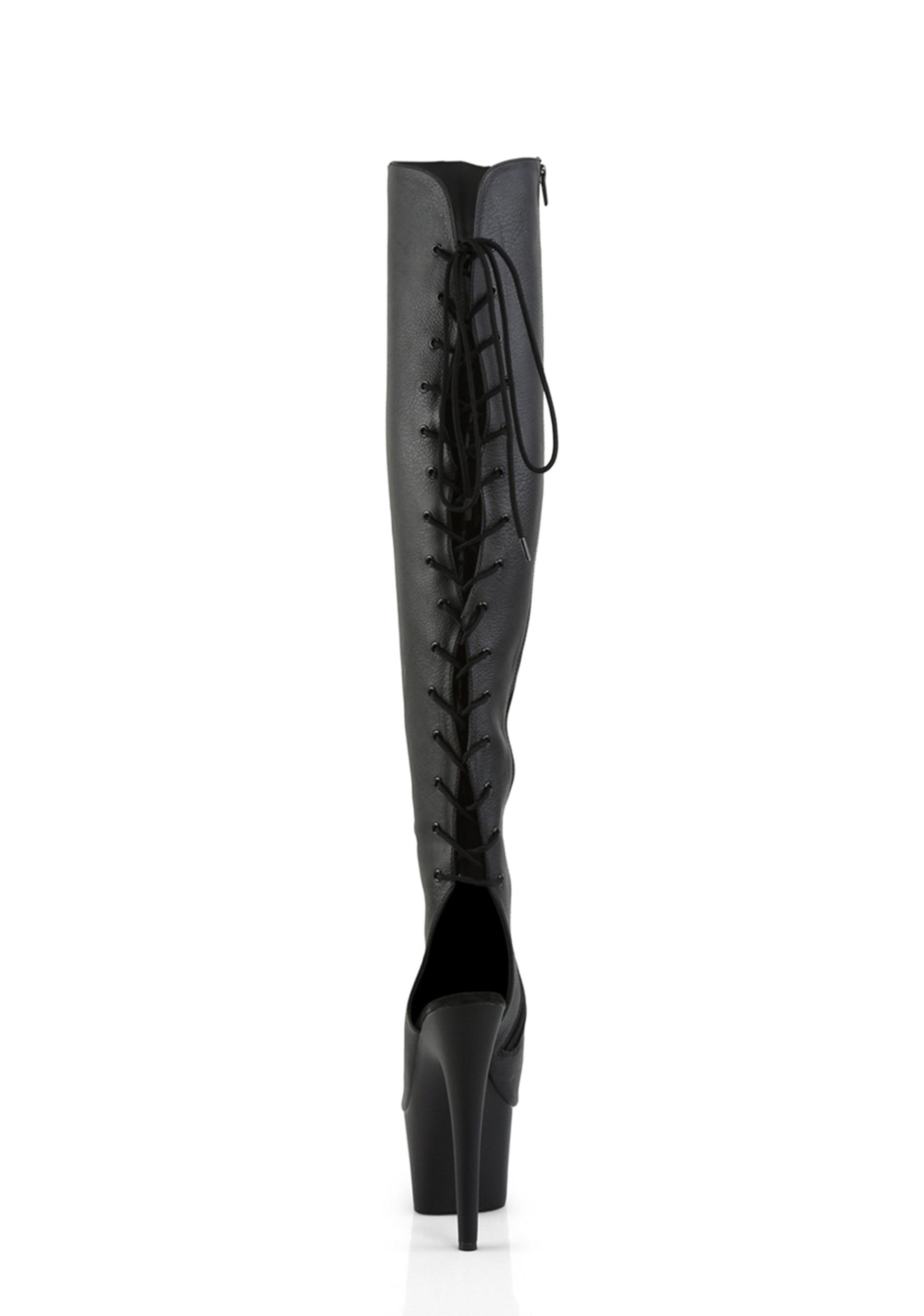 Pleaser Lace Up Knee High Cut Out Stiletto Boots - Black Product Image