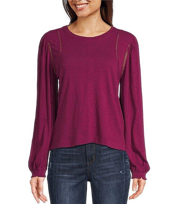 Democracy Petite Size Knit Crew Neck Long Sleeve Crochet Fagoting Detail Top Product Image