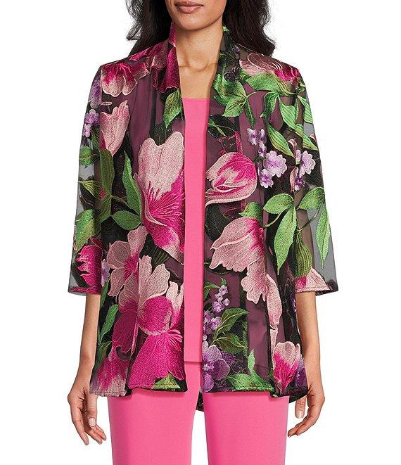 Caroline Rose Abundant Blooms Embroidered Mesh 3/4 Sleeve Open-Front Jacket Product Image