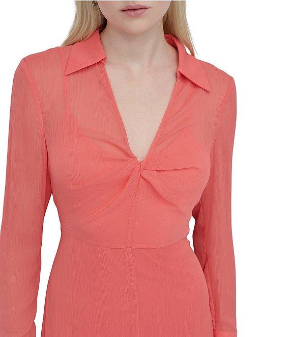DKNY by Donna Karan Woven Collar V Neck Long Sleeve Front Twist A-Line Midi Dress Product Image